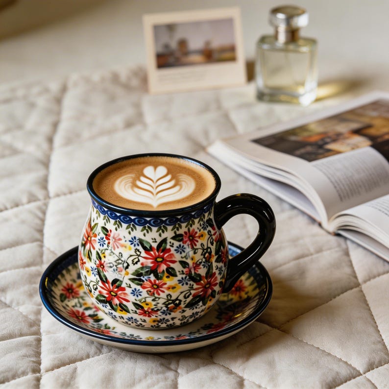 Close up of the hand-painted-style flowers and leafy details on a ceramic mug.