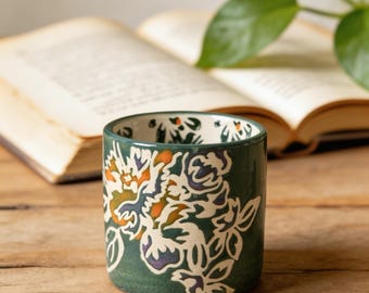 Hand-Painted Green Floral Ceramic Mug, 240ml Cottagecore Coffee Tea Cup Gift
