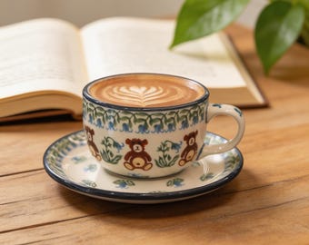Ceramic Coffee Mug with Saucer, Cute Bear Floral Latte Cup, 230ml Cappuccino Cup, Cottagecore Tea Cup Gift for Coffee Lover