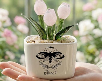 Maceta de tulipanes de cristal personalizada, figura floral hecha a mano, regalo floral con nombre personalizado, decoración de escritorio con tulipanes de cristal, regalo del Día de la Madre para ella.
