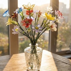 Glasblumenarrangement mit geprägter klarer Vase, handgefertigte botanische Skulptur, sonnenbeschienene Fensterdekoration, Hochzeit Tischdekoration
