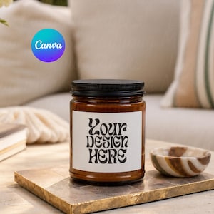 Realistisk Printify 9 oz bärnstensljusmodell Canva-mall Sommarljus PSD Smart Object Photoshop Estetisk ljusmodell