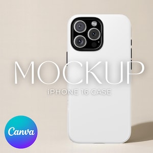 May include: White iPhone 16 case mockup with a black camera module. The word "MOCKUP" is displayed in a white, elegant font, with "iPhone 16 Case" below it. A Canva logo is in the lower left corner.
