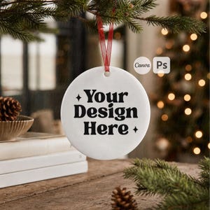 Realistic Printify Metal Ornament White  Mockup Canva Template Aesthetic PSD Smart Object Ornament Photoshop