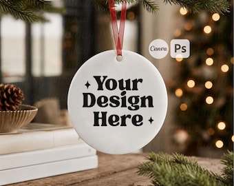 Realistic Printify Metal Ornament White  Mockup Canva Template Aesthetic PSD Smart Object Ornament Photoshop
