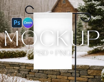 Maqueta de bandera de jardín de invierno realista, maqueta de bandera de invierno de Printify, impresión bajo demanda, plantilla POD de Canva, maqueta de bandera de casa, maqueta PSD