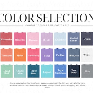 May include: Color chart featuring a variety of t-shirt colors, including Crimson, Watermelon, and Heliconia. The chart also displays shades like Bright Salmon, Terracotta, and Melon. The text "COLOR SELECTION" is at the top.