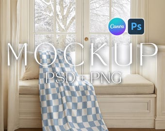Realistic Velveteen Plush Blanket Mockup PSD Smart Object Photoshop Printify Throw Blanket Mock Print on Demand POD Canva Frame Template