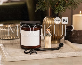 Realistic Printify 9 oz Amber Candle Set with Wick Trimmer Mockup Canva Template Christmas Winter PSD Smart Object Mockup Photoshop