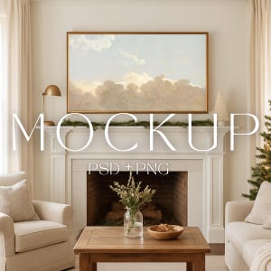 Elegant TV-rammodell, rammodell Canva-mall Photoshop PSD Smart Object-modell för TV-ram, rustikt vardagsrum, subtil jul