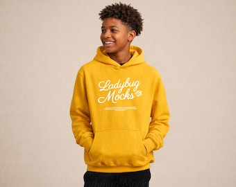 Gold Gildan 18500B Mockup Front Youth G18500B Mock Up with Size Chart Included | Kids Hooded Sweatshirt Mockup Boy Male