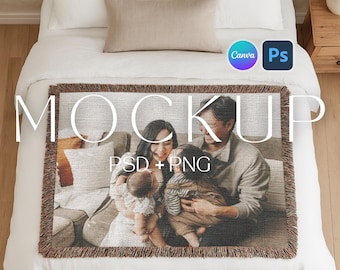 Realistic Horizontal Woven Blanket Mockup Printify Woven Throw Blanket Mock Print on Demand POD Canva Template Tapestry Mockup PSD