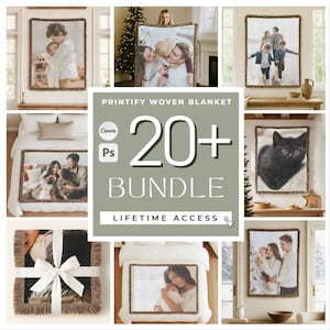 May include: A digital bundle of Printify woven blanket templates featuring various photo displays, including family portraits, a black kitten, and a folded blanket tied with a white ribbon, with text reading Printify Woven Blanket 20+ Bundle.