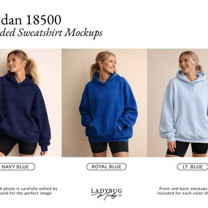 May include: Three hooded sweatshirts in navy blue, royal blue, and light blue. The sweatshirts have a front pocket and a hood with a drawstring. The text "Gildan 18500 Hooded Sweatshirt Mockups" is at the top.