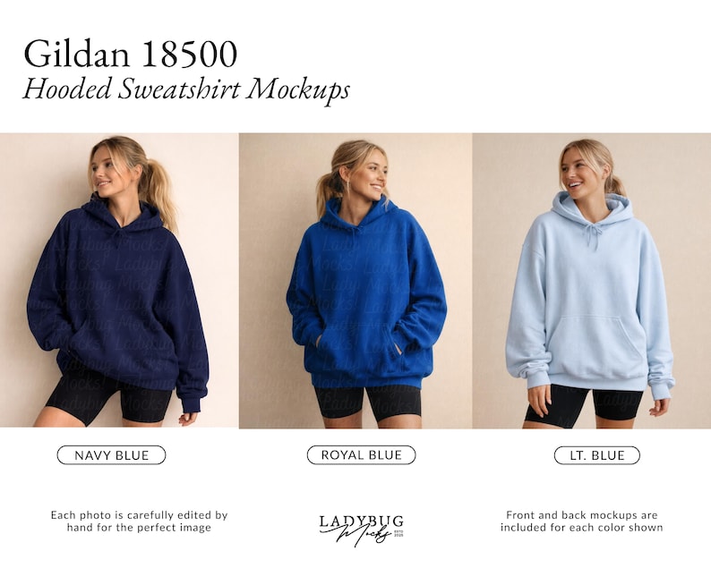 May include: Three hooded sweatshirts in navy blue, royal blue, and light blue. The sweatshirts have a front pocket and a hood with a drawstring. The text "Gildan 18500 Hooded Sweatshirt Mockups" is at the top.