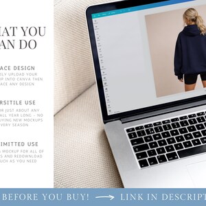 May include: A laptop displays a mockup of a person wearing a navy blue hoodie and black shorts. The screen also shows text: "WHAT YOU CAN DO", "PLACE DESIGN", "VERSITILE USE", and "UNLIMITED USE". The text "TRY BEFORE YOU BUY!" and "LINK IN DESCRIPTION" are also visible.