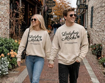 Sand Gildan 18000 Couple Mockup G18000 Halloween Fall Mockup for Print on Demand Printify POD Gildan 18000 Mockup Sand
