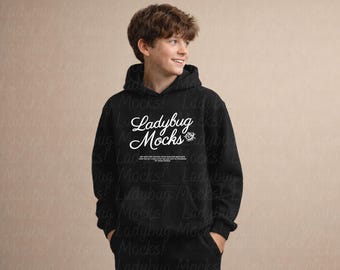Black Gildan 18500B Mockup Front Youth G18500B Mock Up with Size Chart Included | Kids Hooded Sweatshirt Mockup Boy Male