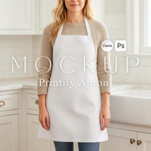 May include: A white apron with a bib and neck strap. The apron is worn by a person in a kitchen setting. The text "MOCKUP Printify Apron" is displayed on the apron. The background includes white cabinets and a sink.