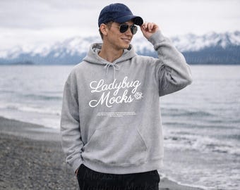 Maqueta de sudadera con capucha para hombre, Gildan 18500, gris, con tabla de tallas incluida, impresión a pedido.