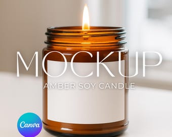 May include: A lit amber soy candle in a glass jar with a white label. The text "MOCKUP" is displayed above the candle, and "AMBER SOY CANDLE" is below. A Canva logo is in the lower left corner.