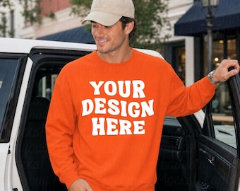 Male Gildan 18000 Orange Gildan 18000 Mockup Man Orange Men G18000 Sweatshirt Mockup Aesthetic Orange