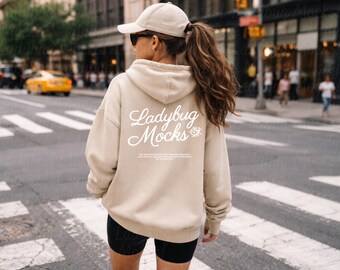 Sand Gildan 18500 Mockup Back G18500 Beige Mock Up with Size Chart Included | Hooded Sweatshirt Back Mock Print on Demand Mockup