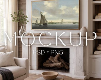 Elegante mockup di cornice TV, mockup di cornice, modello Canva, Photoshop PSD, oggetto intelligente, mockup di cornice TV, arte da parete, soggiorno rustico