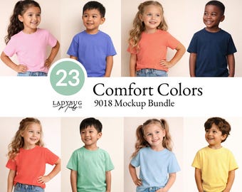 Youth Comfort Colors 9018 Mockup Bundle Front Kids Shirt CC9018 Mock Up Bundle with Size Chart Included | Kids TShirt Print on Demand Mockup