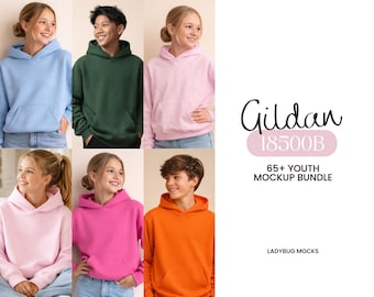 Gildan 18500B Mockup Bundle Front Back Youth G18500B Mock Up Bundle with Size Chart Included | Kids Hooded Sweatshirt Print on Demand Mockup