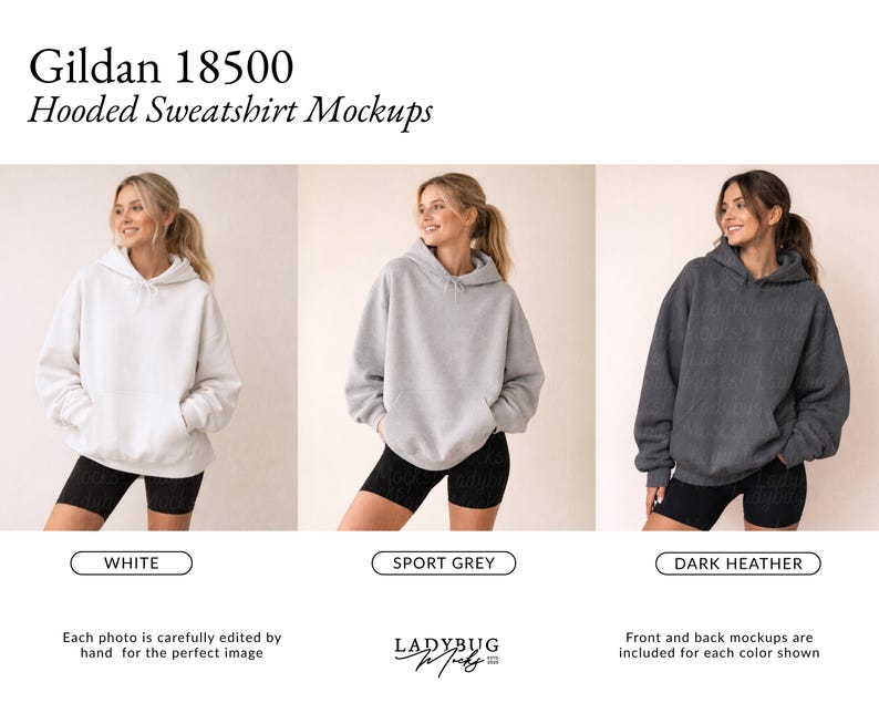 May include: Three hooded sweatshirts in white, sport grey, and dark heather. The sweatshirts are displayed on a model. The text "Gildan 18500 Hooded Sweatshirt Mockups" is at the top. The colors are labeled below each sweatshirt.