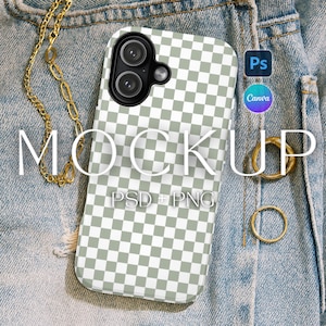 May include: A phone case with a green and white checkered pattern, featuring the word "MOCKUP" in white. The case is next to a gold chain and two gold rings, all on a denim background. The text "PSD + PNG" is also visible.