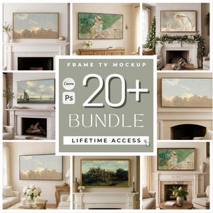 May include: A collection of framed TV mockups showcasing various art pieces displayed above fireplaces and in living room settings. The image includes the text "FRAME TV MOCKUP 20+ BUNDLE LIFETIME ACCESS".