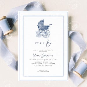 Pode incluir: Um convite para ch&aacute; de beb&eacute; com uma ilustra&ccedil;&atilde;o de um carrinho de beb&eacute; azul vintage e o texto "IT'S A boy". O convite inclui detalhes para o ch&aacute; de beb&eacute; de Erin Sommers, com data, hora e local. Fita e bobinas azuis claras no fundo.