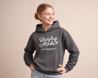 Dark Heather Gray Gildan 18500B Mockup Front Youth G18500B Mock Up with Size Chart Included | Kids Hooded Sweatshirt Print on Demand Mockup