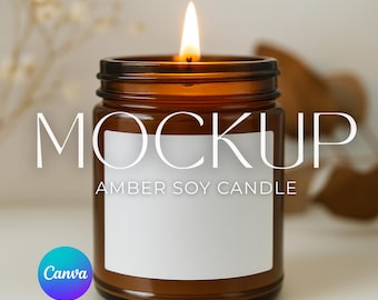 May include: An amber-colored soy candle in a glass jar with a lit wick. The candle has a white label and the word "MOCKUP" is printed on the front. The text "AMBER SOY CANDLE" is printed below the word "MOCKUP".