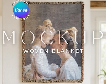Maqueta realista de manta tejida Printify Maqueta de manta tejida Impresión bajo demanda POD Plantilla Canva Mini paquete Maqueta de manta de tapiz