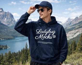Maqueta de sudadera con capucha para hombre, color azul marino, Gildan 18500, con tabla de tallas incluida, impresión a pedido.
