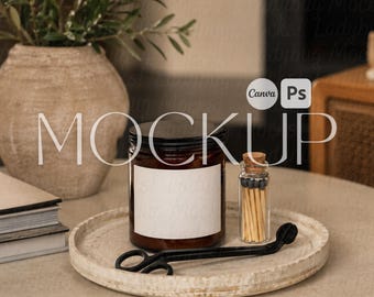 Realistic Printify Lumient 9 oz Amber Candle Set with Wick Trimmer Mockup Canva Template Aesthetic PSD Smart Object Soy Candle Photoshop