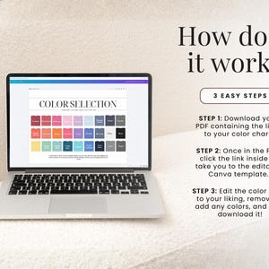 May include: A laptop displays a color selection chart with various color swatches. The screen also shows the text "How does it work?" and "3 EASY STEPS" with instructions on how to use the chart. The laptop is on a white surface.