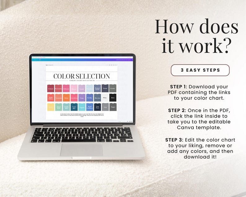 May include: A laptop displays a color selection chart with various color swatches. The screen also shows the text "How does it work?" and "3 EASY STEPS" with instructions on how to use the chart. The laptop is on a white surface.