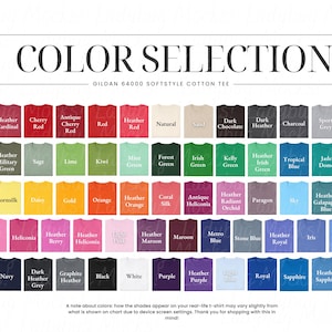 Peut inclure: Un nuancier pour les t-shirts en coton doux Gildan 64000, présentant une large gamme de couleurs. Le tableau affiche diverses nuances, notamment des rouges, des verts, des bleus et des violets, chaque couleur étant étiquetée pour une sélection facile. Le texte en haut indique "SÉLECTION DE COULEURS".