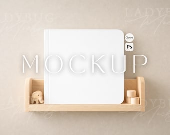 リアルなPrintifyボードブックモックアップ、Canvaテンプレート、子供向けブックモックアップ、Photoshop PSDスマートオブジェクト、子供向けブックモックアップ