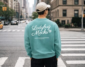Maqueta de sudadera Seafoam Comfort Colors 1566 para hombre, maqueta de espalda para hombre con tabla de tallas incluida / Maqueta de sudadera Seafoam para hombre, maqueta de impresión a pedido