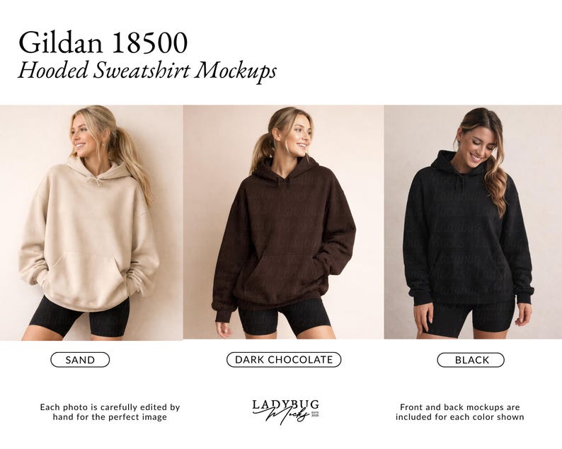 May include: Three hooded sweatshirts in sand, dark chocolate, and black. The sweatshirts have a front pocket and a hood. The text "Gildan 18500 Hooded Sweatshirt Mockups" is at the top. The colors are labeled below each sweatshirt. The text "Each photo is carefully edited by hand for the perfect image" is at the bottom.