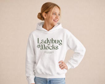 White Gildan 18500B Mockup Front Youth G18500B Mock Up with Size Chart Included | Kids Hooded Sweatshirt Print on Demand Mockup