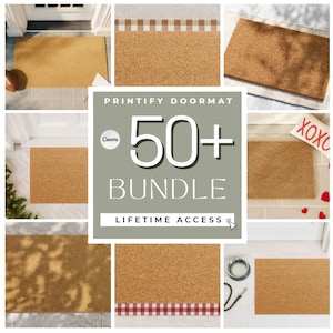 May include: A collection of doormats with various designs and textures. The mats are primarily brown with some featuring decorative borders. The image includes text that reads "PRINTIFY DOORMAT 50+ BUNDLE LIFETIME ACCESS".