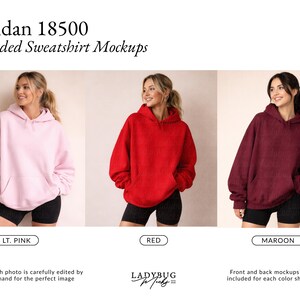 May include: Mockups of Gildan 18500 hooded sweatshirts in light pink, red, and maroon. Each sweatshirt has a hood and a front pocket. The text "Gildan 18500 Hooded Sweatshirt Mockups" is at the top. The colors are labeled below each sweatshirt.