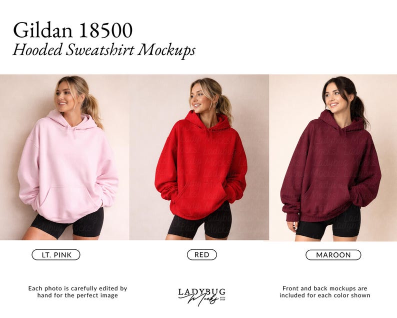 May include: Mockups of Gildan 18500 hooded sweatshirts in light pink, red, and maroon. Each sweatshirt has a hood and a front pocket. The text "Gildan 18500 Hooded Sweatshirt Mockups" is at the top. The colors are labeled below each sweatshirt.
