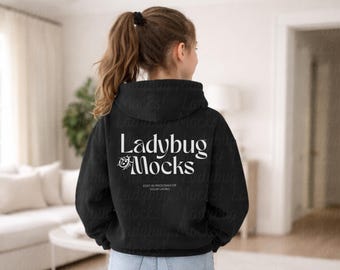 Black Gildan 18500B Mockup Back Youth G18500B Hoodie Mock Up with Size Chart Hooded Sweatshirt Print on Demand Mockup Black